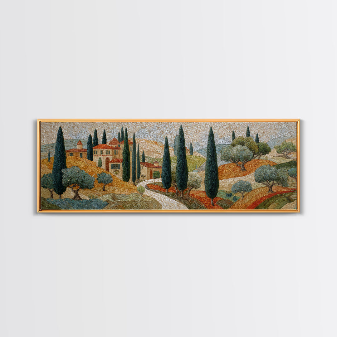 Tuscan Cypress Trees and Golden Hillside Canvas Print, Mediterranean Art, Neutral Decor, Living Room Decor, Abstract Art, Azure, MAR-3x1-22