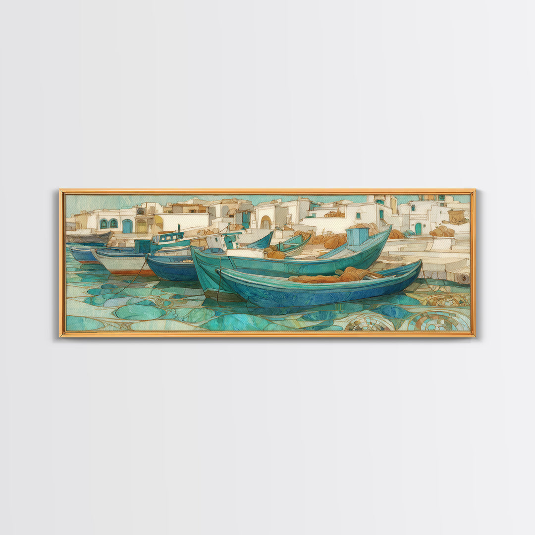 Coastal Fishing Boats Framed Canvas Print, Mediterranean Art, Neutral Decor, Living Room Decor, Fine Art, Azure, Home Decor, MAR-3x1-23