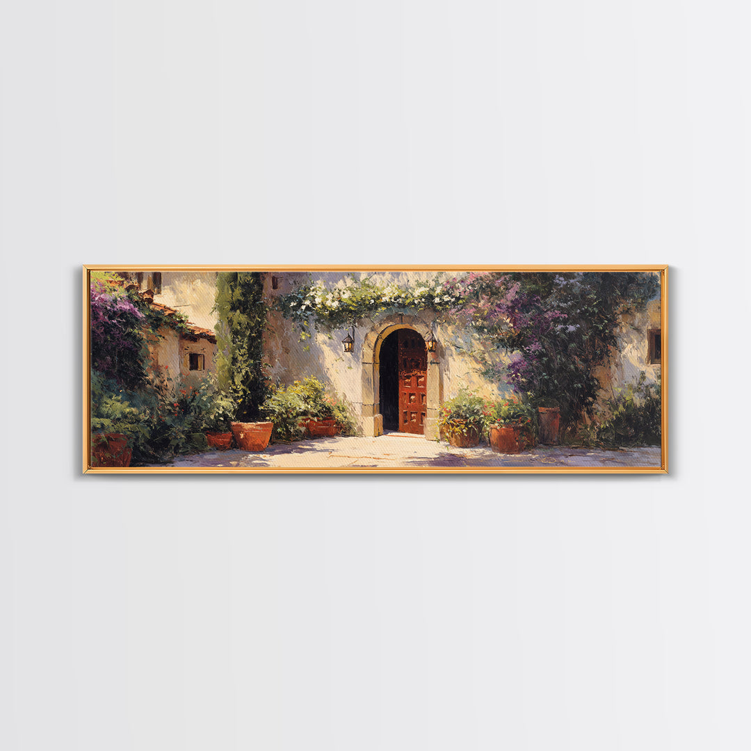 Sunlit Courtyard Doorway Framed Canvas Print, Mediterranean Art, Modern Decor, Living Room Decor, Fine Art, Azure, MAR-3x1-27