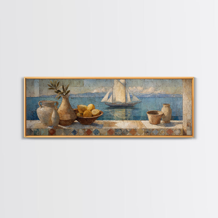 Mediterranean Sailboat on Glassy Water Canvas Print, Mediterranean Art, Living Room Decor, Abstract Art, Azure, MAR-3x1-34