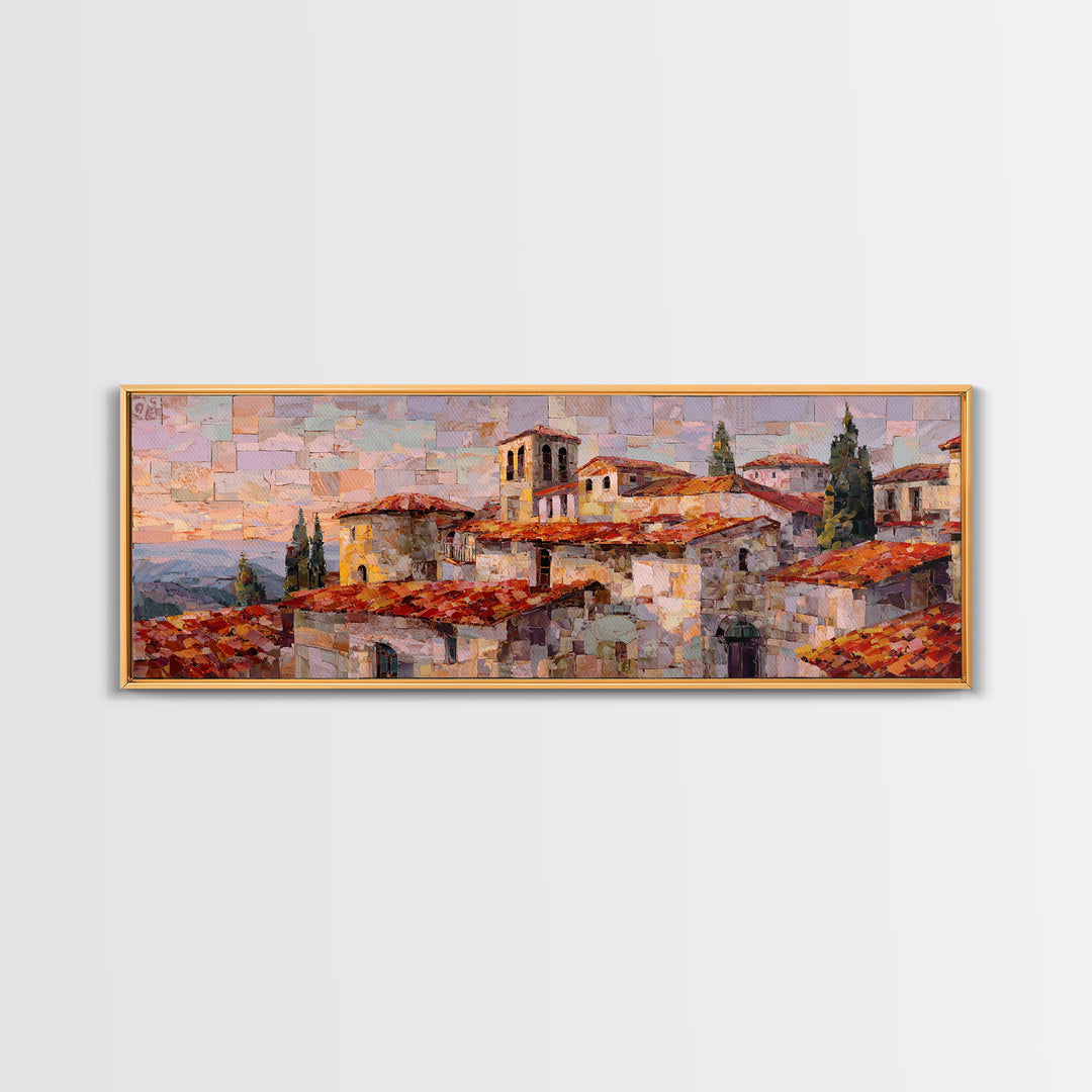 Sunset over Red Tiled Rooftops Canvas Print, Mediterranean Art, Gallery Decor, Living Room Decor, Azure, Minimalist Decor, MAR-3x1-39
