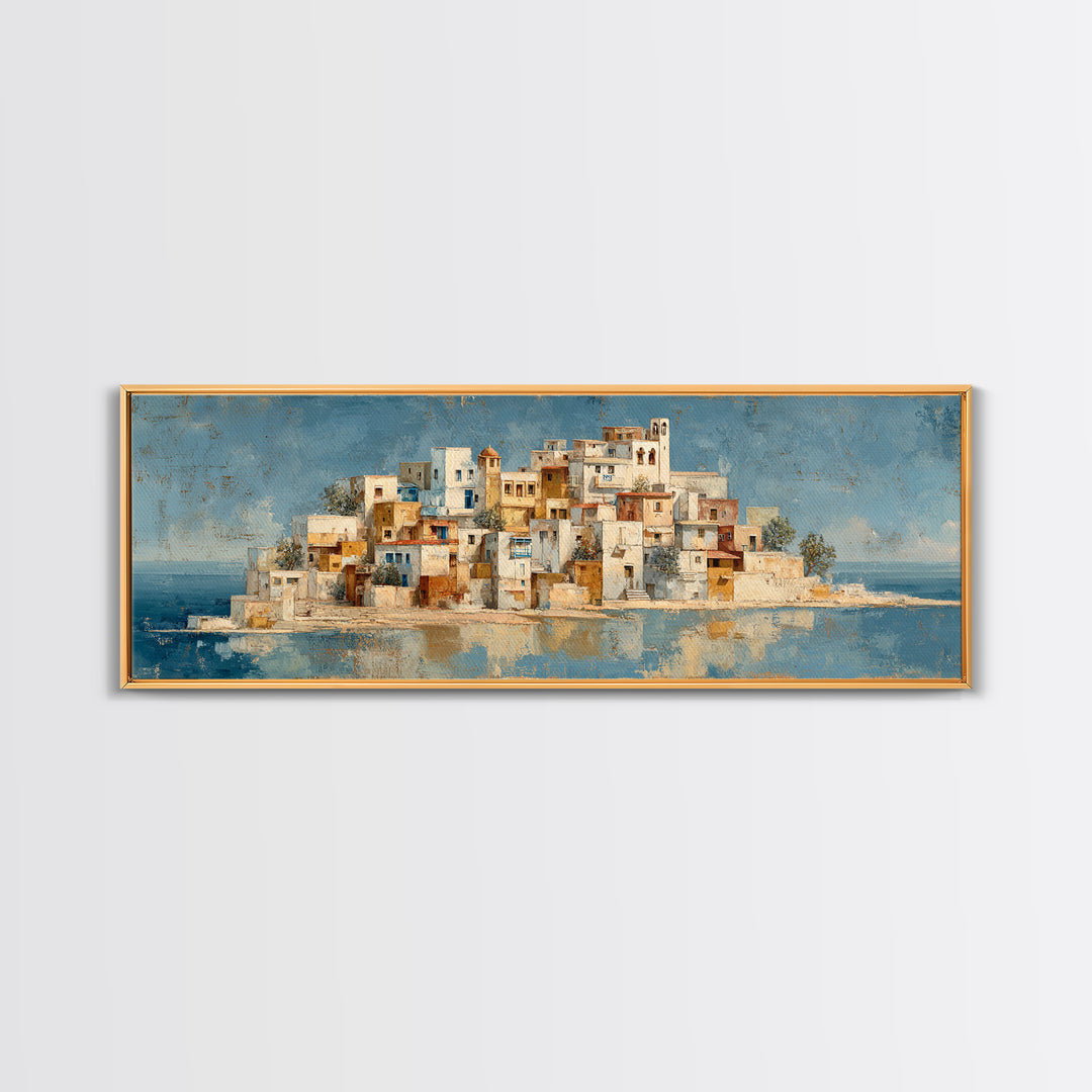 Greek Island White Buildings Above Blue Sea Canvas Print, Mediterranean Art, Coastal Wall Art, Living Room Decor, MAR-3x1-41