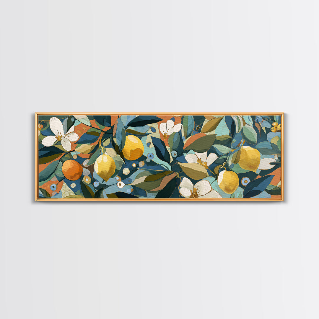 Olive Branch and Lemons on Terracotta Ground Canvas Print, Mediterranean Art, Farmhouse Decor, Living Room Decor, MAR-3x1-42