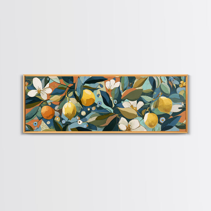 Olive Branch and Lemons on Terracotta Ground Canvas Print, Mediterranean Art, Farmhouse Decor, Living Room Decor, MAR-3x1-42