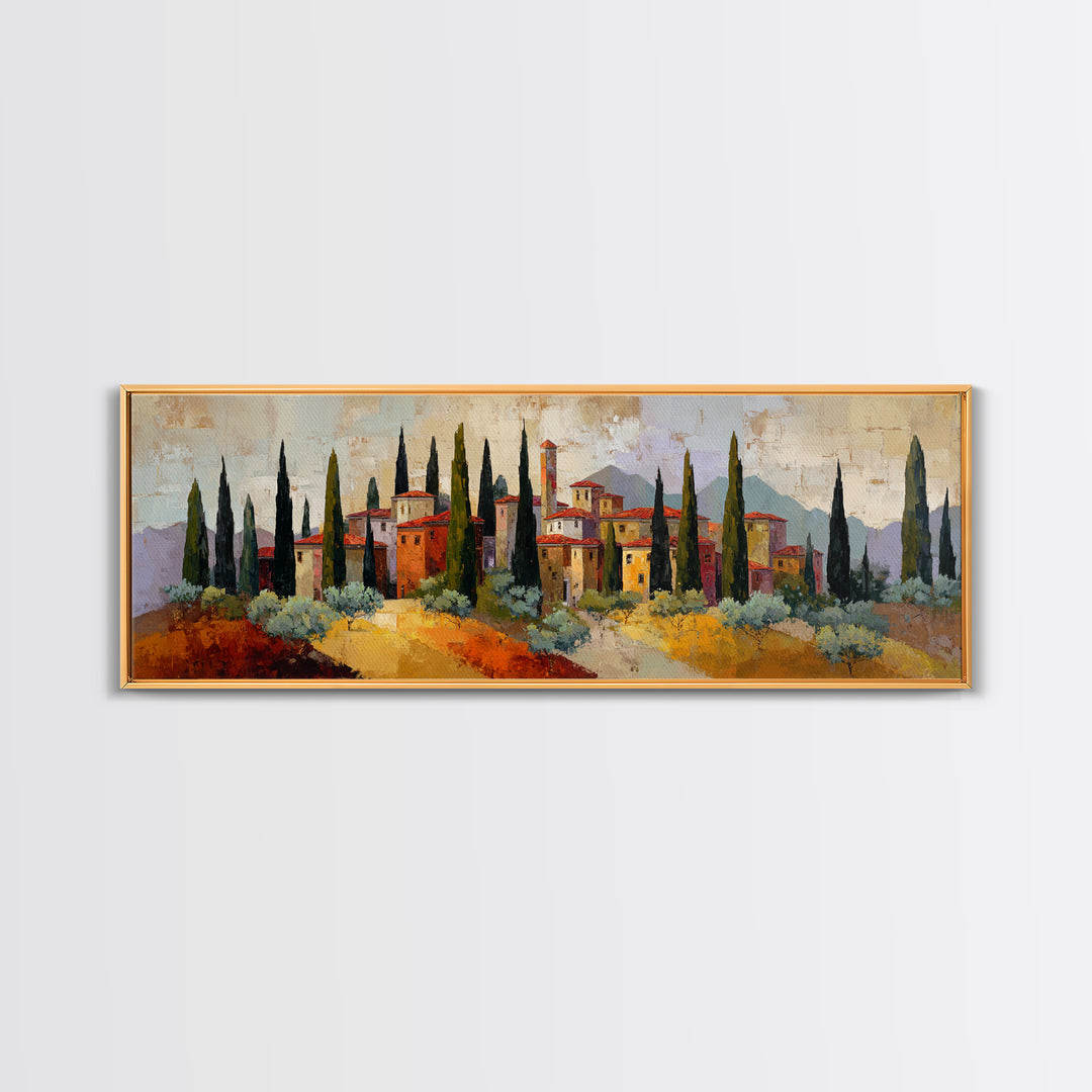 Tuscan Cypress Trees and Golden Hillside Canvas Print, Mediterranean Art, Horizontal Wall Art, Living Room Decor, Azure, MAR-3x1-46
