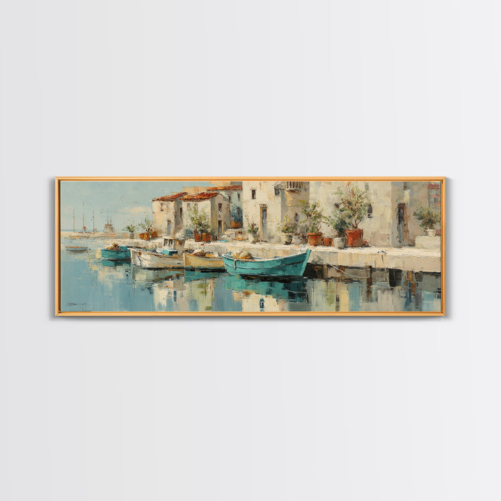 Coastal Fishing Boats Framed Canvas Print, Mediterranean Art, Contemporary Art, Living Room Decor, Oil Painting, Azure, MAR-3x1-47