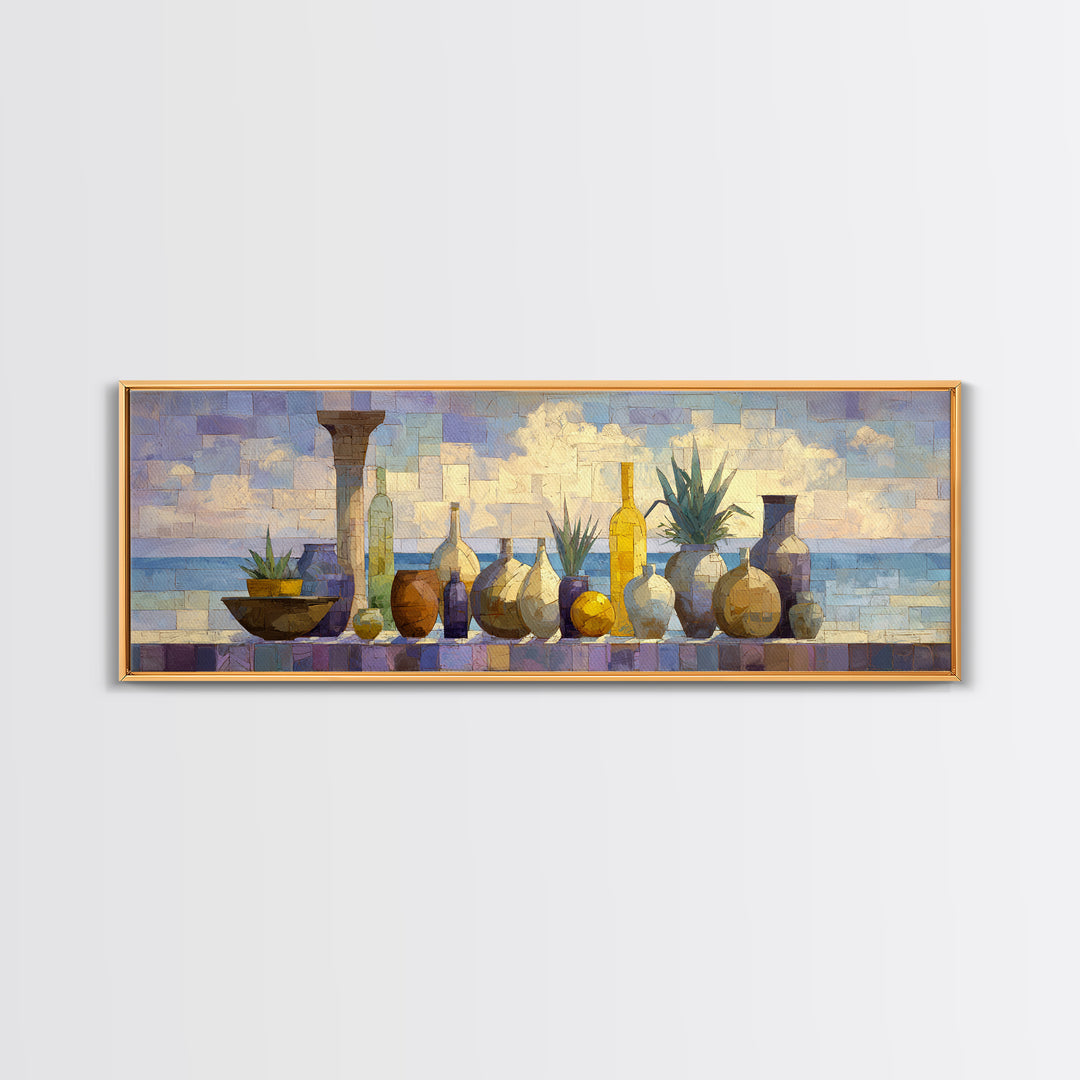 Ancient Column with Sea and Sky Beyond Framed Canvas Print, Mediterranean Art, Luxury Decor, Living Room Decor, Abstract Art, MAR-3x1-52