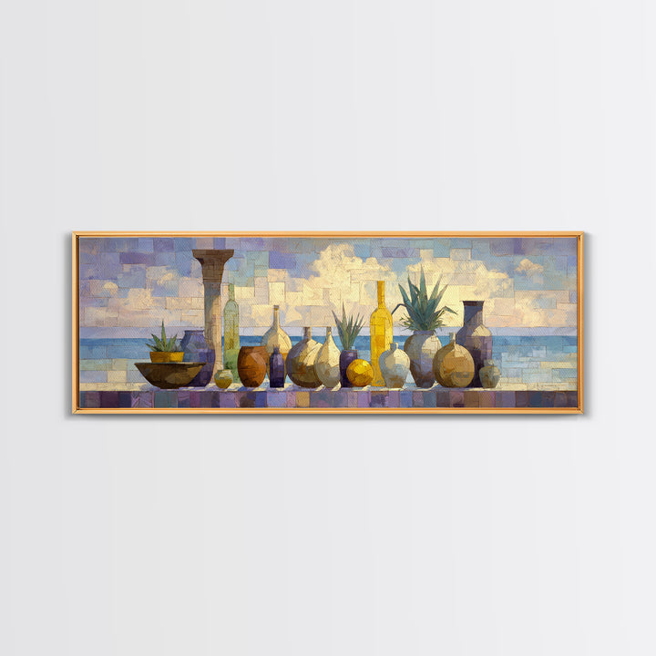 Ancient Column with Sea and Sky Beyond Framed Canvas Print, Mediterranean Art, Luxury Decor, Living Room Decor, Abstract Art, MAR-3x1-52