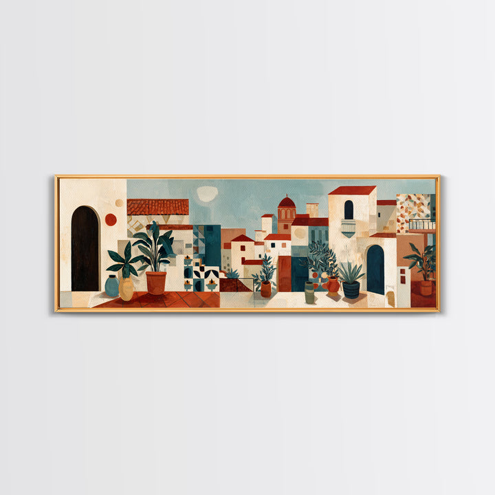 Sunset over Red Tiled Rooftops Framed Canvas Print, Mediterranean Art, Boho Decor, Living Room Decor, Fine Art, Azure, MAR-3x1-63