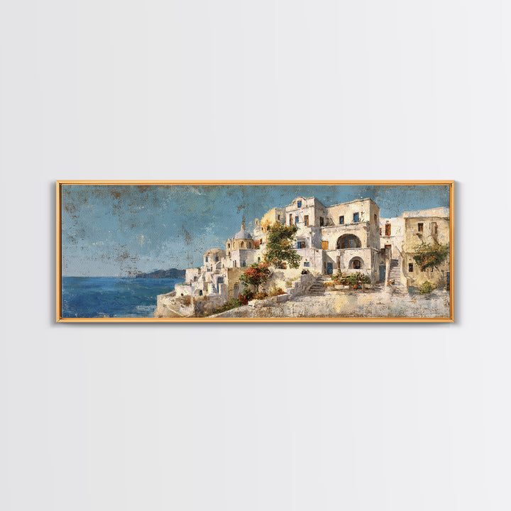 Greek Island White Buildings Above Blue Sea Canvas Print, Mediterranean Art, Coastal Wall Art, Living Room Decor, MAR-3x1-65