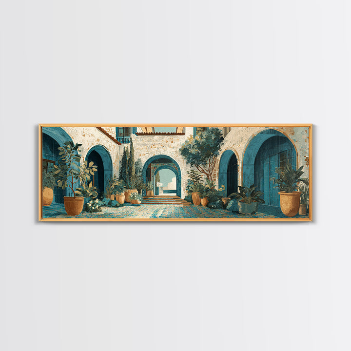 Mediterranean Arch Framing Ocean Horizon Framed Canvas Print, Mediterranean Art, Digital Wall Art, Living Room Decor, Azure, MAR-3x1-67