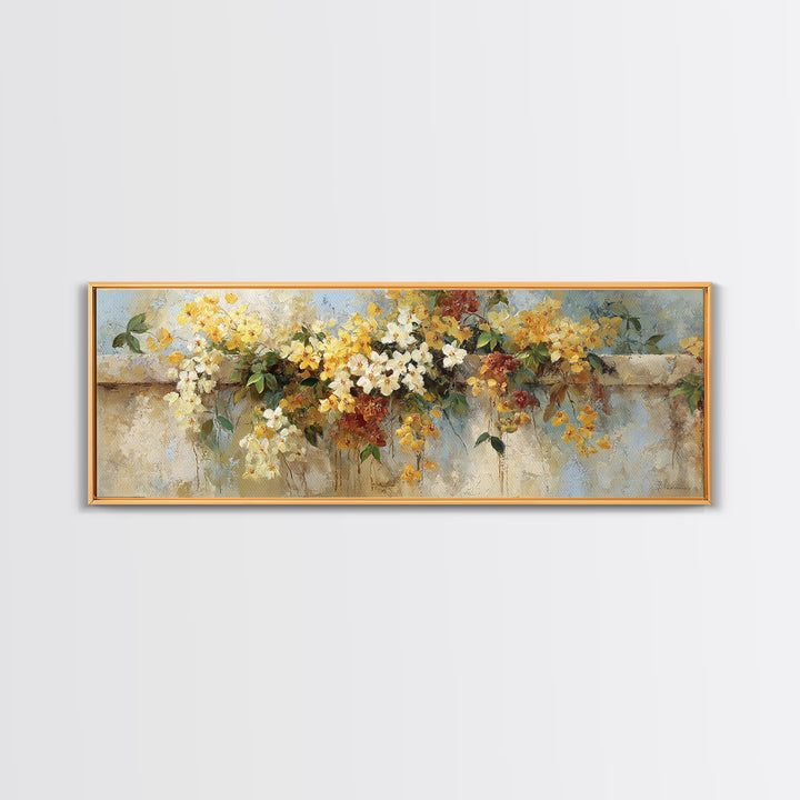 Bougainvillea Cascading over Stone Wall Framed Canvas Print, Mediterranean Art, Digital Art Prints, Living Room Decor, Azure, MAR-3x1-69