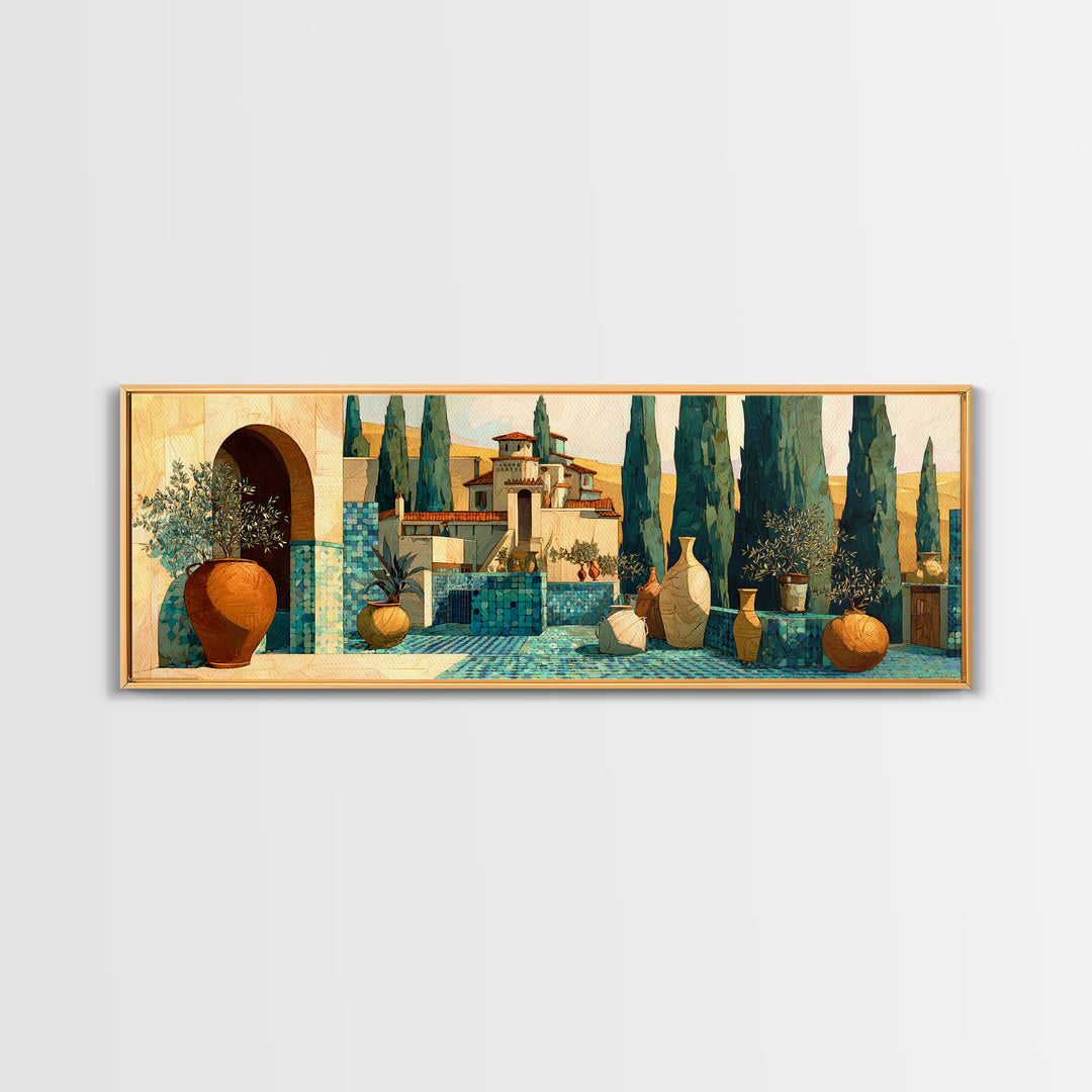 Tuscan Cypress Trees and Golden Hillside Canvas Print, Mediterranean Art, Modern Decor, Living Room Decor, Oil Painting, Azure, MAR-3x1-70