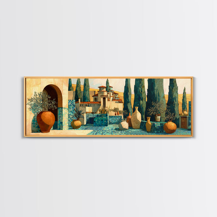 Tuscan Cypress Trees and Golden Hillside Canvas Print, Mediterranean Art, Modern Decor, Living Room Decor, Oil Painting, Azure, MAR-3x1-70