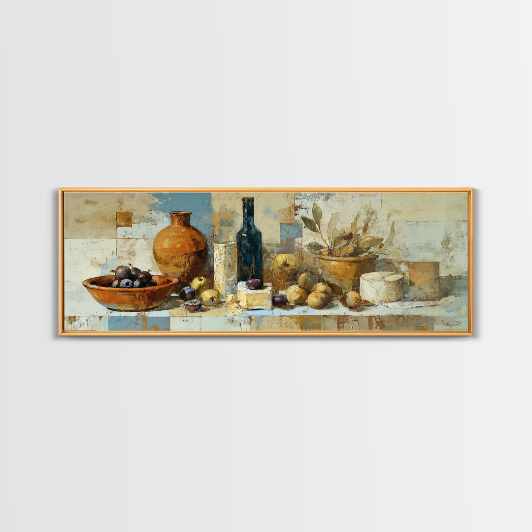 Figs Olives and Cheese Still Life Framed Canvas Print, Mediterranean Art, Minimalist Decor, Living Room Decor, Fine Art, Azure, MAR-3x1-72