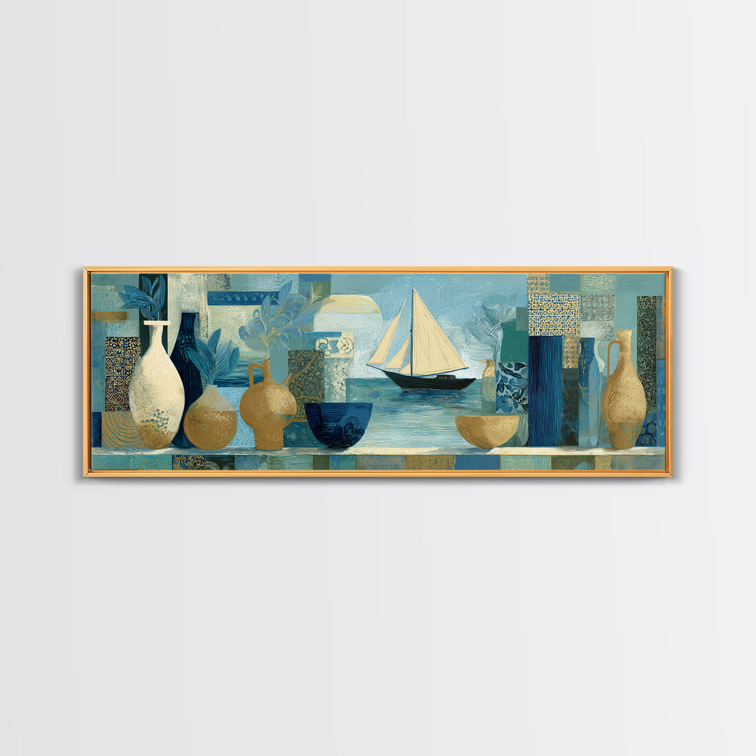 Mediterranean Sailboat on Glassy Water Framed Canvas Print, Mediterranean Art, Printable Art, Living Room Decor, Azure, MAR-3x1-82