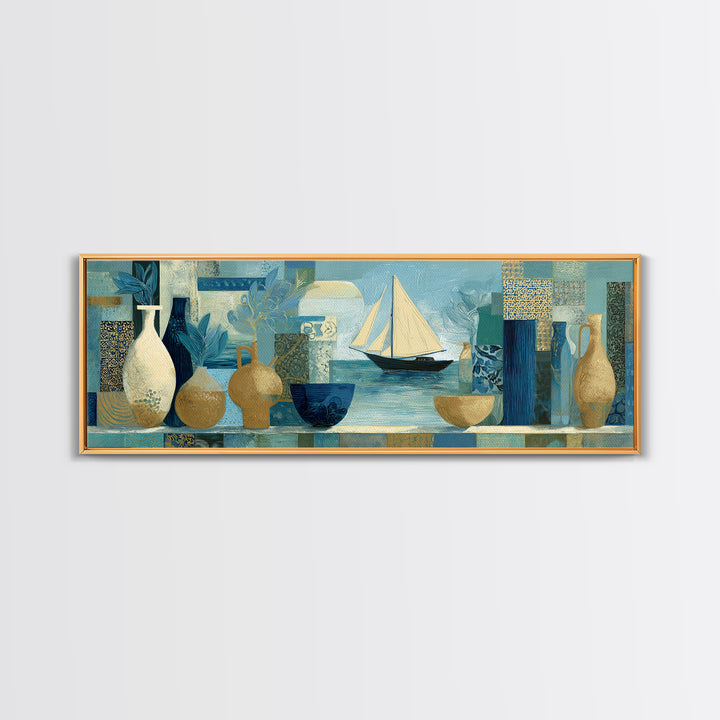 Mediterranean Sailboat on Glassy Water Framed Canvas Print, Mediterranean Art, Printable Art, Living Room Decor, Azure, MAR-3x1-82