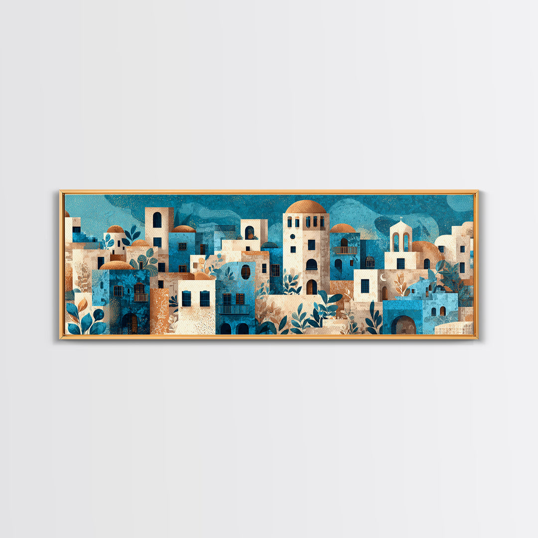 Greek Island White Buildings Above Blue Sea Canvas Print, Mediterranean Art, Landscape Painting, Living Room Decor, Azure, MAR-3x1-89