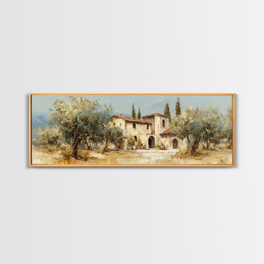 Olive Grove under Pale Morning Light Framed Canvas Print, Mediterranean Art, Oil Painting, Living Room Decor, Fine Art, Azure, MAR-3x1-9