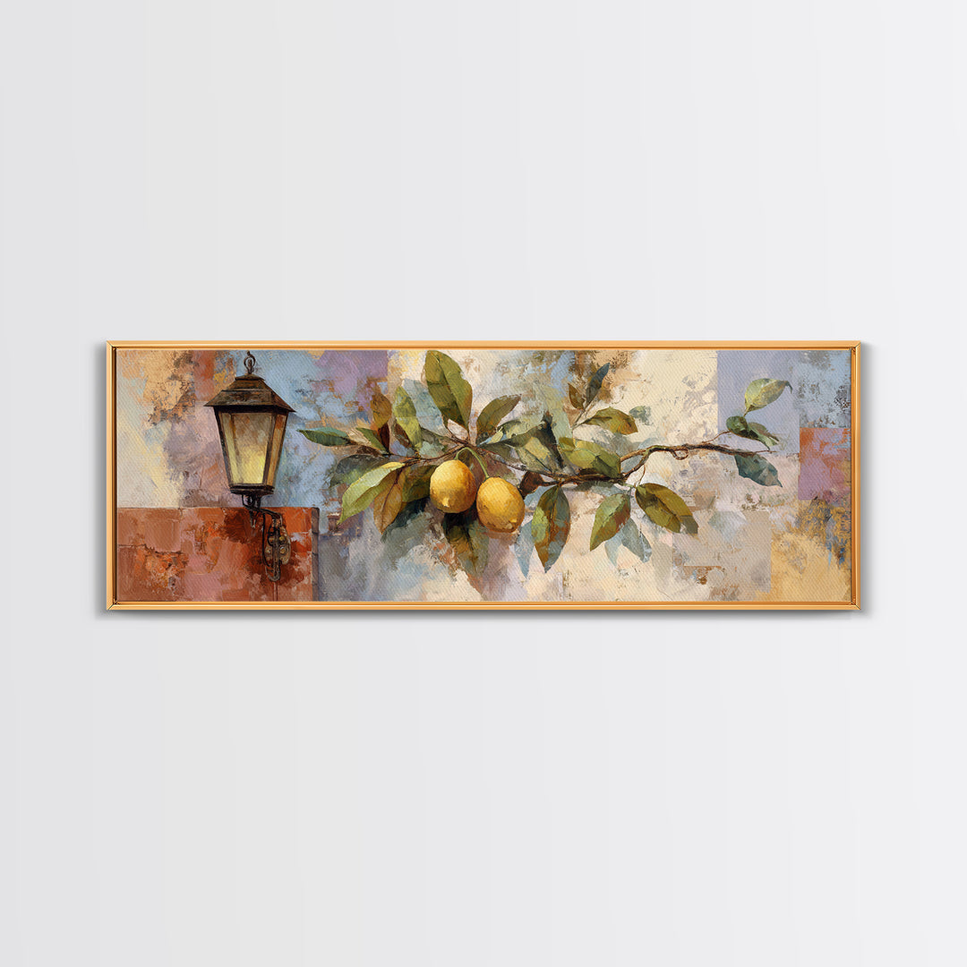 Olive Branch and Lemons on Terracotta Ground Framed Canvas Print, Mediterranean Art, Nautical Decor, Living Room Decor, Azure, MAR-3x1-90