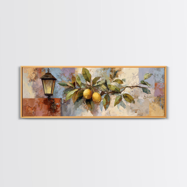 Olive Branch and Lemons on Terracotta Ground Framed Canvas Print, Mediterranean Art, Nautical Decor, Living Room Decor, Azure, MAR-3x1-90