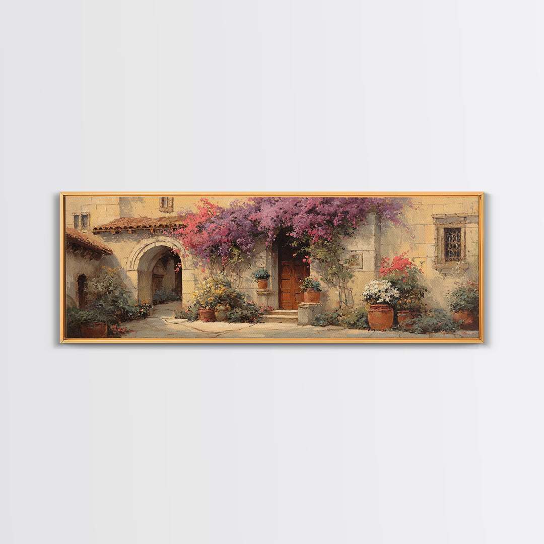 Bougainvillea Cascading over Stone Wall Canvas Print, Mediterranean Art, Coastal Art, Living Room Decor, Fine Art, Azure, MAR-3x1-93