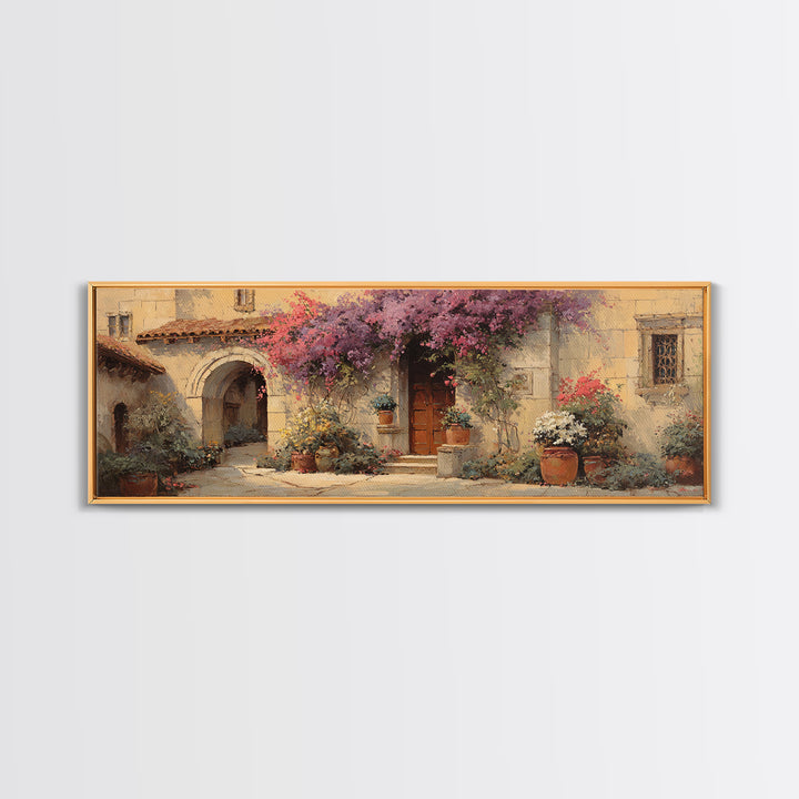 Bougainvillea Cascading over Stone Wall Canvas Print, Mediterranean Art, Coastal Art, Living Room Decor, Fine Art, Azure, MAR-3x1-93