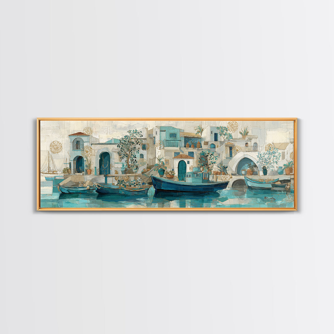 Coastal Fishing Boats Canvas Print, Mediterranean Art, Gallery Decor, Living Room Decor, Oil Painting, Azure, Minimalist Decor, MAR-3x1-95