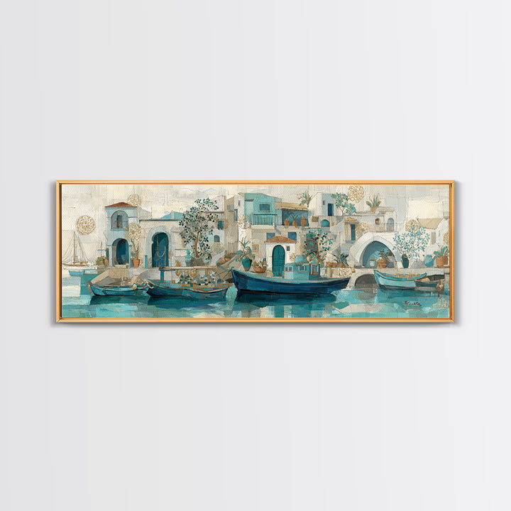 Coastal Fishing Boats Canvas Print, Mediterranean Art, Gallery Decor, Living Room Decor, Oil Painting, Azure, Minimalist Decor, MAR-3x1-95