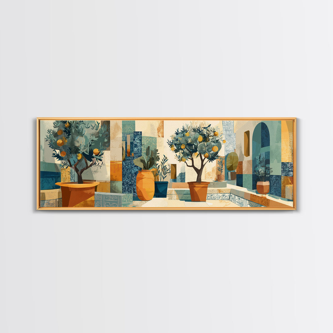 Citrus Tree in Clay Pot Canvas Print, Mediterranean Art, Digital Art Prints, Living Room Decor, Fine Art, Azure, Travel Poster, MAR-3x1-98