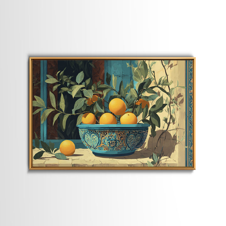 Ceramic Bowl of Oranges and Leaves Canvas Print, Mediterranean Art, Large Wall Art, Living Room Decor, Fine Art, Azure, MAR-3x2-1