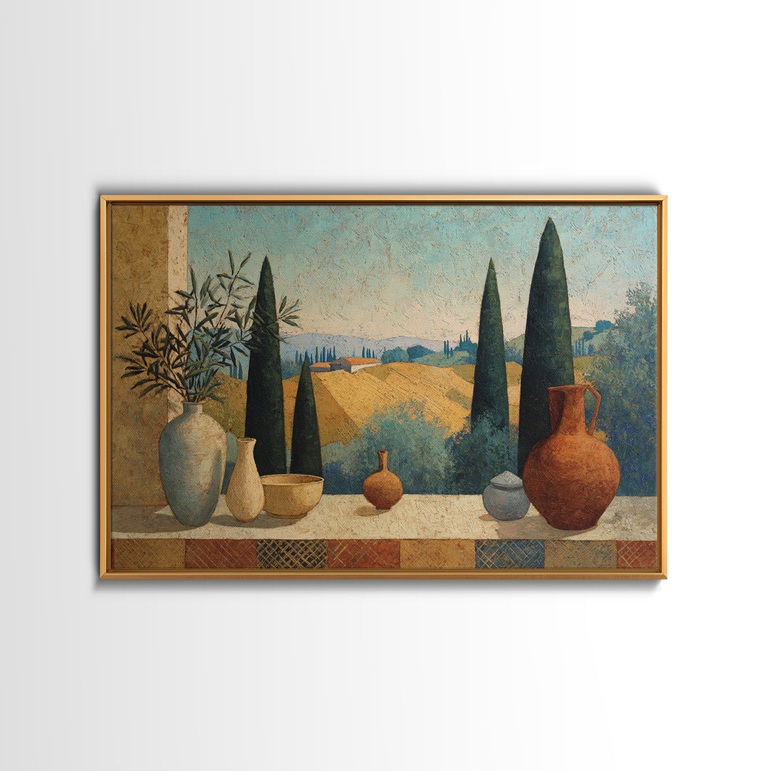 Tuscan Cypress Trees and Golden Hillside Framed Canvas Print, Mediterranean Art, Framed Wall Art, Living Room Decor, Azure, MAR-3x2-10