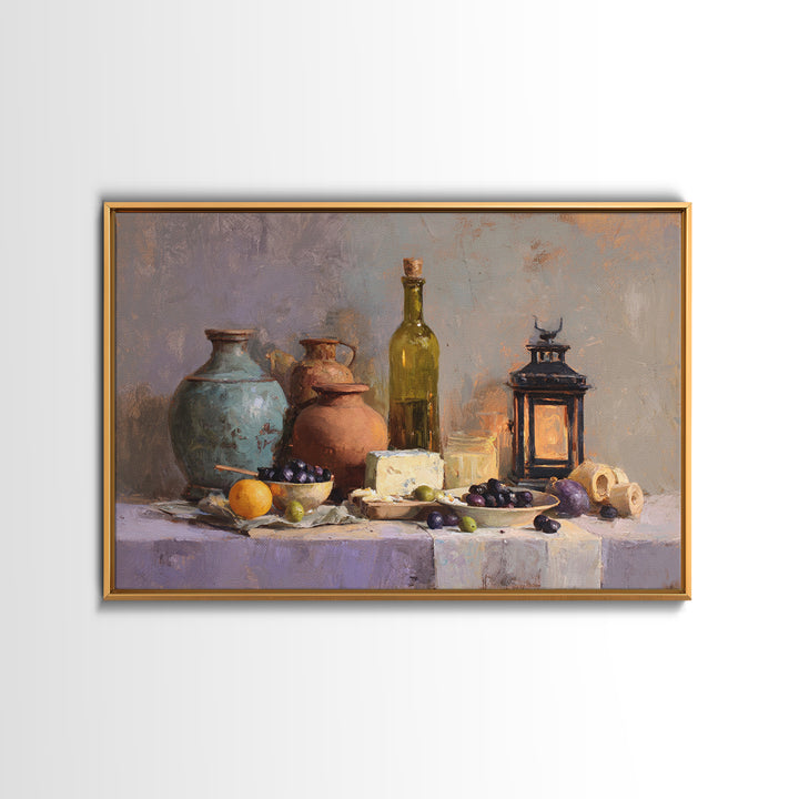 Figs Olives and Cheese Still Life Canvas Print, Mediterranean Art, Oil Painting, Living Room Decor, Azure, Nautical Decor, MAR-3x2-12