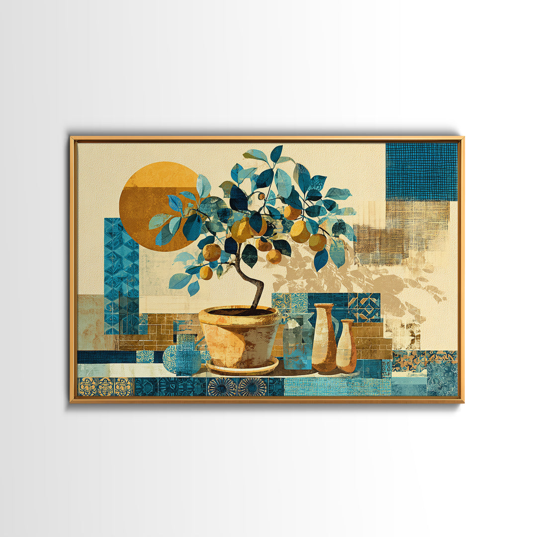 Citrus Tree in Clay Pot Framed Canvas Print, Mediterranean Art, Printable Wall Art, Living Room Decor, Fine Art, Azure, MAR-3x2-14