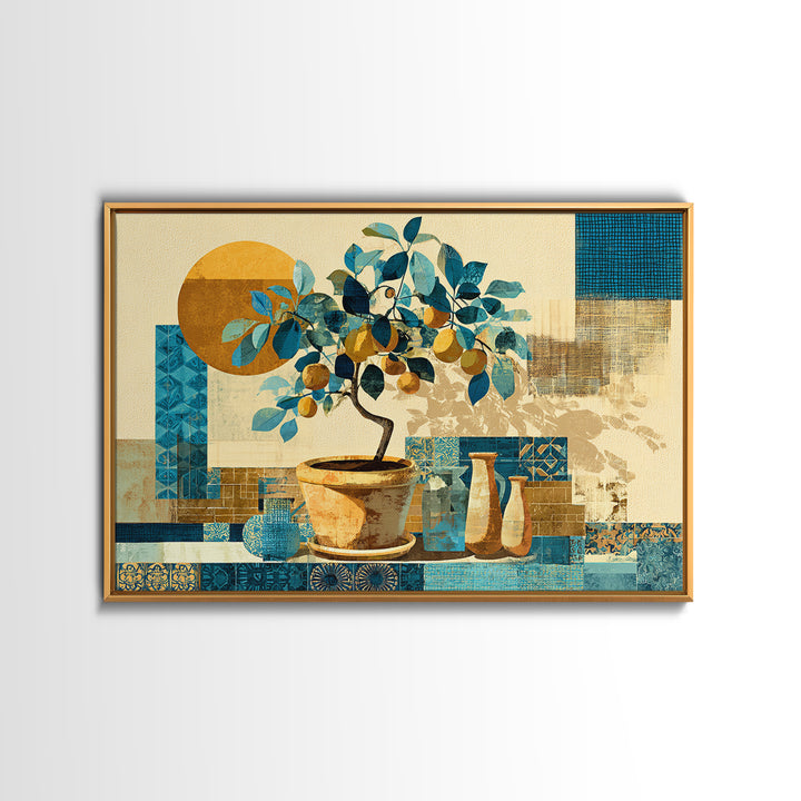 Citrus Tree in Clay Pot Framed Canvas Print, Mediterranean Art, Printable Wall Art, Living Room Decor, Fine Art, Azure, MAR-3x2-14