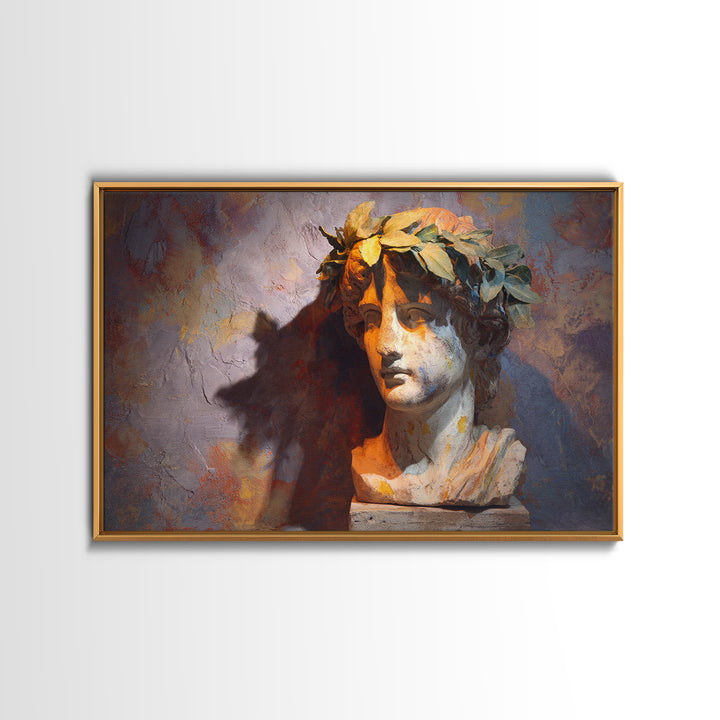 Roman Statue Bust Framed Canvas Print, Mediterranean Art, Minimalist Decor, Living Room Decor, Azure, Horizontal Wall Art, MAR-3x2-2