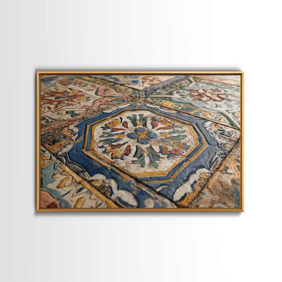 Spanish Tile Ornament Framed Canvas Print, Mediterranean Art, Large Wall Art, Living Room Decor, Azure, Digital Art Prints, MAR-3x2-20