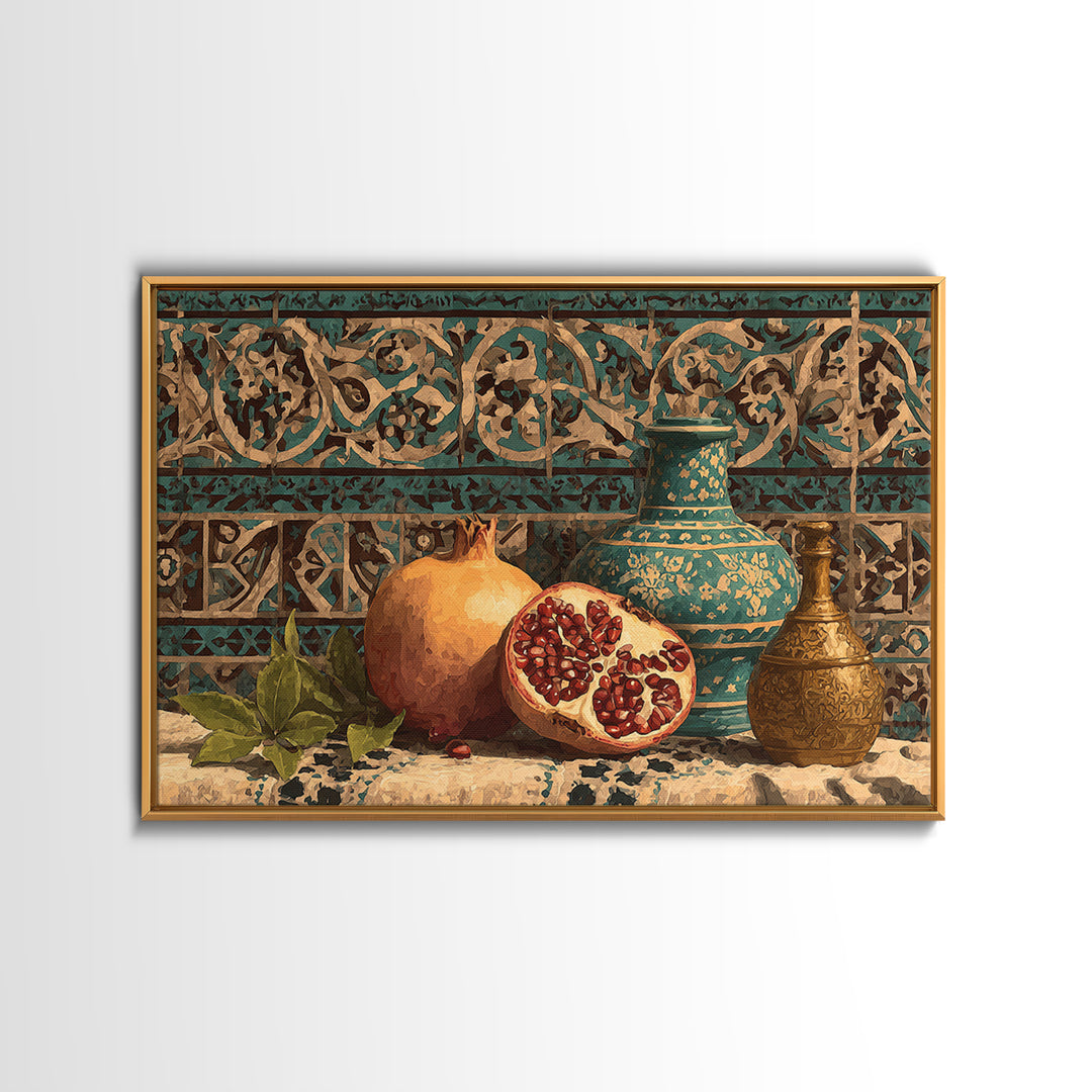 Pomegranate Still Life Framed Canvas Print, Mediterranean Art, Framed Wall Art, Living Room Decor, Azure, Watercolor Art, MAR-3x2-23