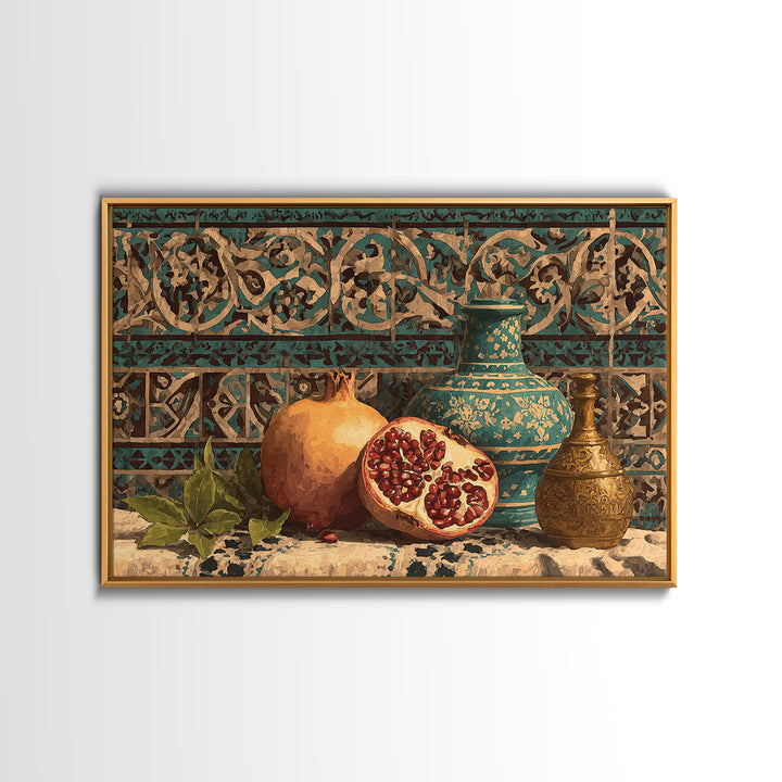 Pomegranate Still Life Framed Canvas Print, Mediterranean Art, Framed Wall Art, Living Room Decor, Azure, Watercolor Art, MAR-3x2-23