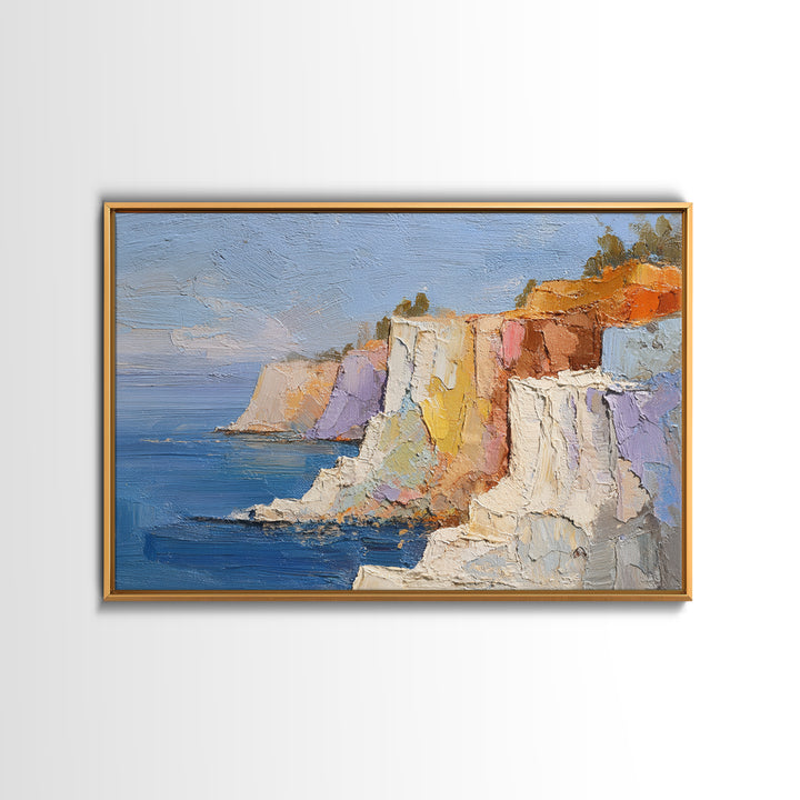 Coastal Cliffs with Sparkling Blue Water Framed Canvas Print, Mediterranean Art, Framed Wall Art, Living Room Decor, Azure, MAR-3x2-24