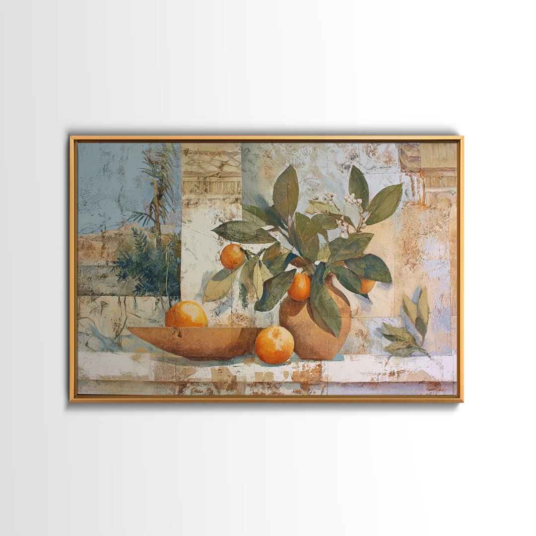 Ceramic Bowl of Oranges and Leaves Framed Canvas Print, Mediterranean Art, Horizontal Wall Art, Living Room Decor, Abstract Art, MAR-3x2-25