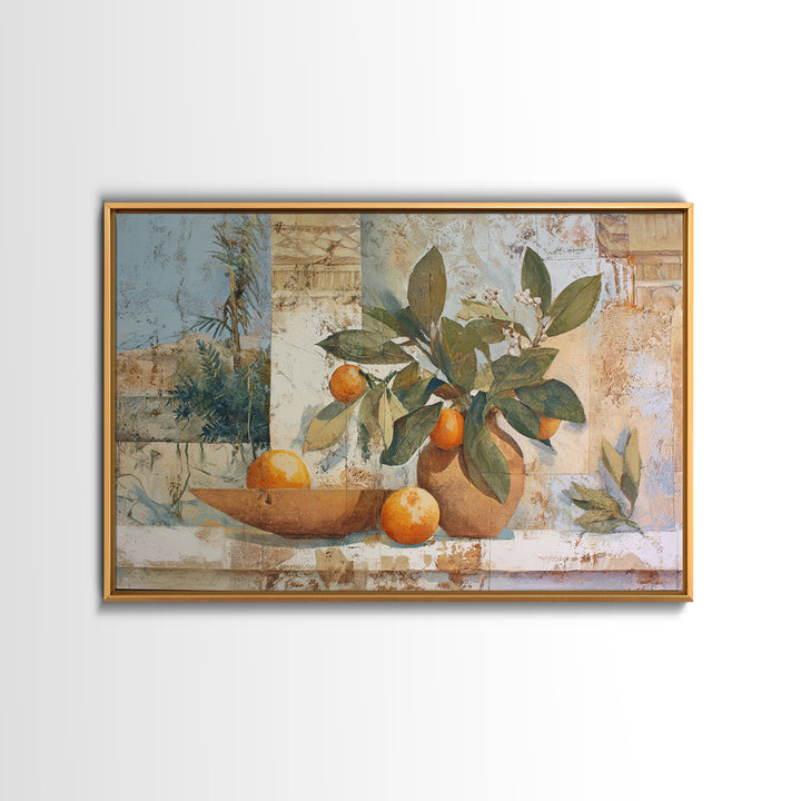 Ceramic Bowl of Oranges and Leaves Framed Canvas Print, Mediterranean Art, Horizontal Wall Art, Living Room Decor, Abstract Art, MAR-3x2-25