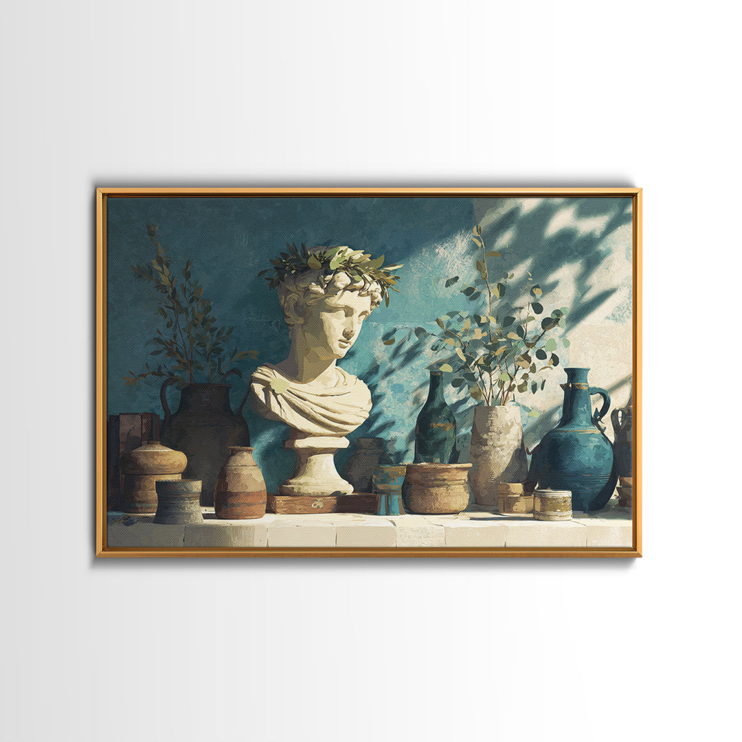 Roman Statue Bust Canvas Print, Mediterranean Art, Digital Wall Art, Living Room Decor, Watercolor Art, Azure, Coastal Wall Art, MAR-3x2-26
