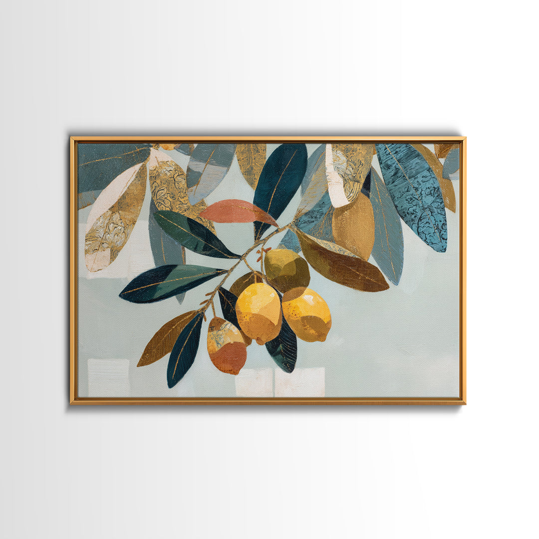 Olive Branch and Lemons on Terracotta Ground Canvas Print, Mediterranean Art, Horizontal Wall Art, Living Room Decor, Azure, MAR-3x2-30