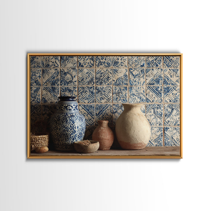 Blue and White Tile Pattern Canvas Print, Mediterranean Art, Printable Art, Living Room Decor, Azure, Minimalist Wall Art, MAR-3x2-32