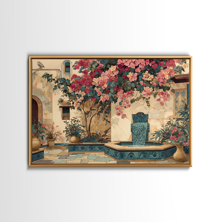 Bougainvillea Cascading over Stone Wall Canvas Print, Mediterranean Art, Watercolor Painting, Living Room Decor, Azure, MAR-3x2-33