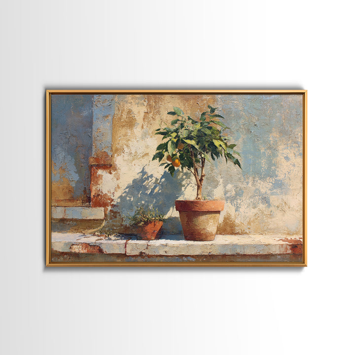 Citrus Tree in Clay Pot Canvas Print, Mediterranean Art, Digital Print, Living Room Decor, Fine Art, Azure, Coastal Decor, MAR-3x2-38