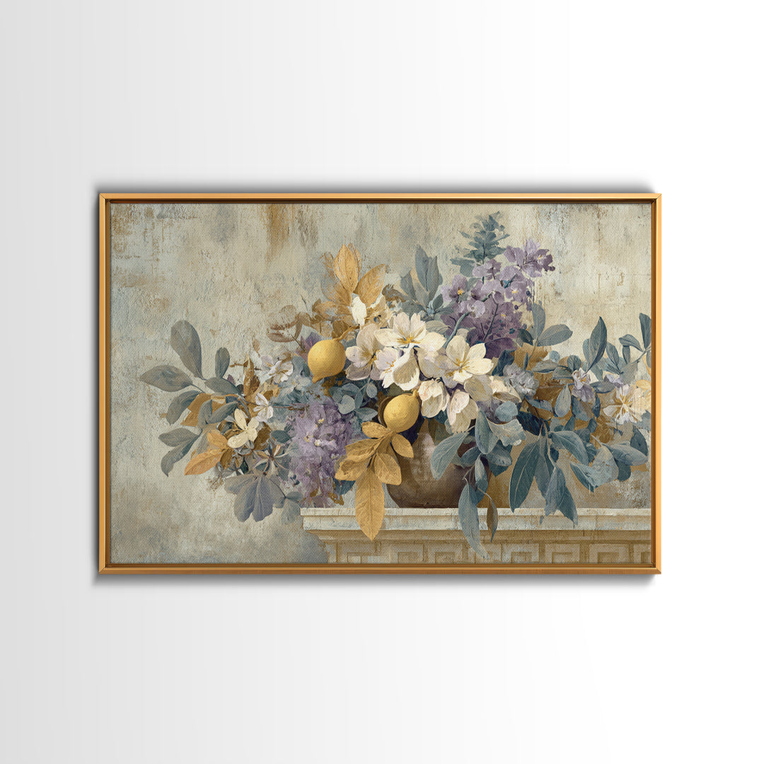 Greek Vase Modern Floral Design Canvas Print, Mediterranean Art, Digital Art Prints, Living Room Decor, Fine Art, Azure, MAR-3x2-43