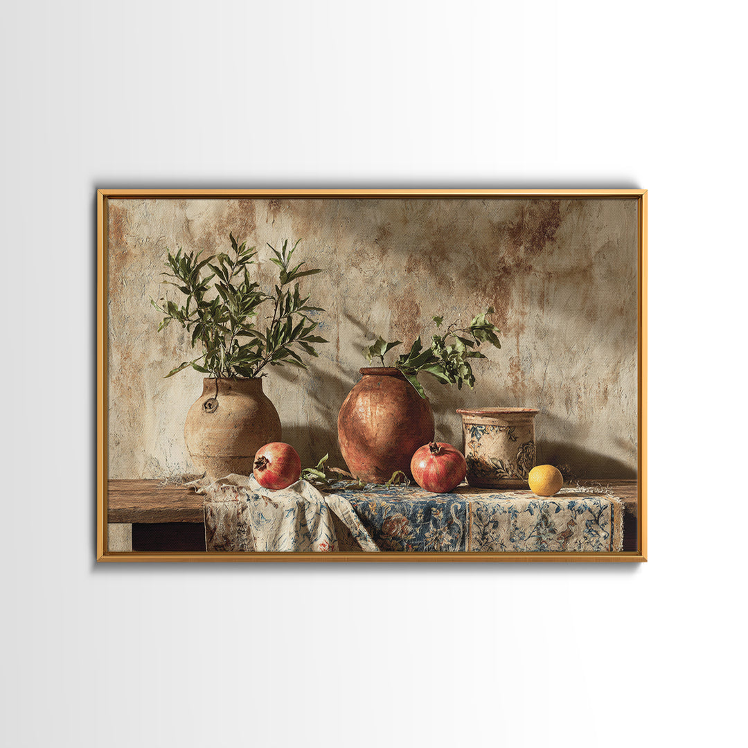 Pomegranate Still Life Framed Canvas Print, Mediterranean Art, Living Room Art, Living Room Decor, Oil Painting, Azure, MAR-3x2-47
