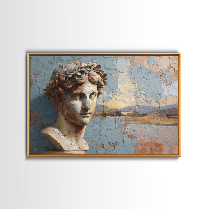 Roman Statue Bust Framed Canvas Print, Mediterranean Art, Farmhouse Decor, Living Room Decor, Oil Painting, Azure, MAR-3x2-50